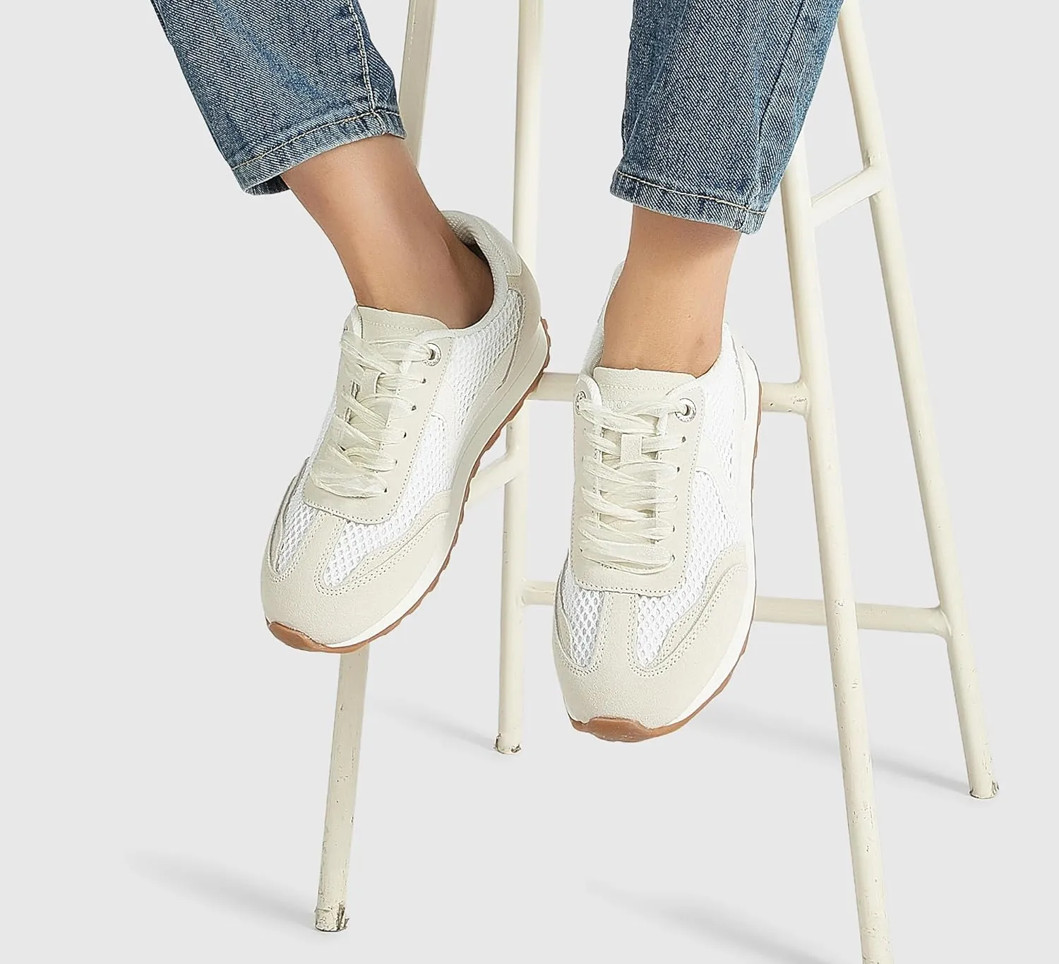 LUCKY STEP Women's Fashion Casual Running Trainer Ballet Gum Rubber Sole Organza Lace Up Walking Shoes Platform Retro Sneakers