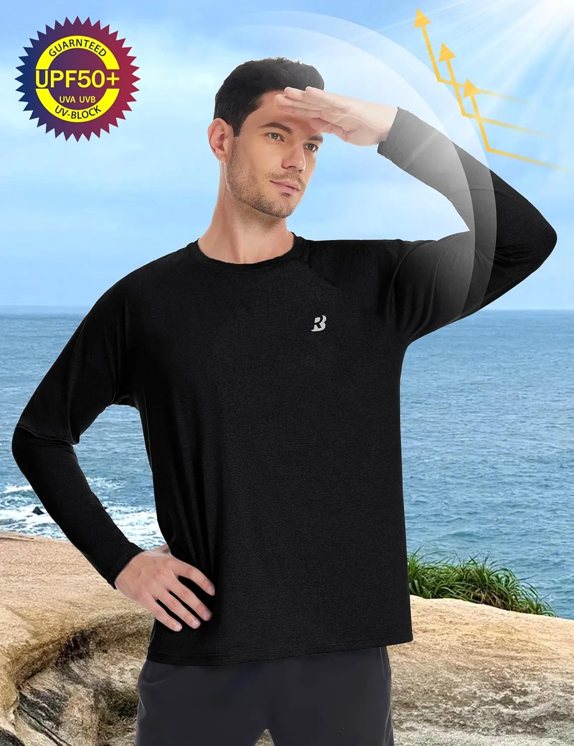 Roadbox UPF 50  Sun Shirts for Men, UV Protection Long Sleeve Swim Shirt, Lightweight Rash Guard for Fishing Hiking Running